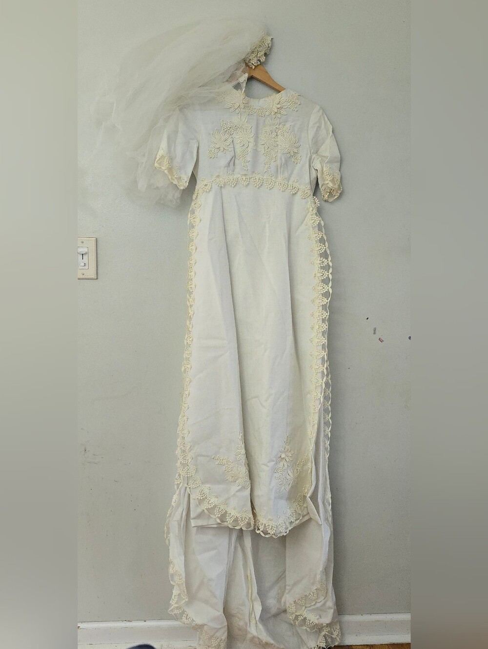 1950-60s Alfred Angelo Wedding Dress Sz 10 Linen Lace White Modest Vtg Gown read